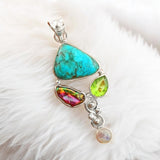 Turquoise, Biwa Pearl, Peridot Solid 925 Sterling Silver Pendant