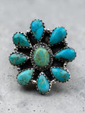 Flower Kingman Turquoise Solid 925 Sterling Silver Ring ADJ