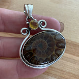 Ammonite & Citrine Solid 925 Sterling Silver Pendant