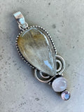 Gold Rutilated Quartz & Rose Quartz Silver Overlay Pendant