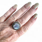 Raw Rainbow Moonstone & Tourmaline Solid 925 Sterling Silver Ring 9