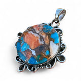 Kingman Turquoise & Spiny Oyster Solid 925 Sterling Silver Pendant