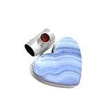 HEART Blue Lace Agate & Garnet Solid 925 Sterling Silver Pendant