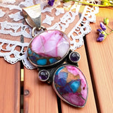 Kingman Pink Dahlia Turquoise & Amethyst Solid 925 Sterling Silver Pendant