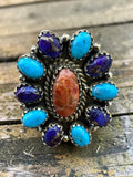 Kingman Turquoise and Sponge Coral Solid Brass Ring ADJ