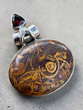 Coquina Jasper & Garnet Solid 925 Sterling Silver Pendant