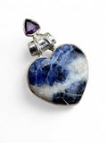 Heart Sodalite & Amethyst Solid 925 Sterling Silver Pendant