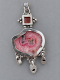 Pink Solar Quartz & Carnelian Silver Overlay Pendant