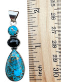 Kingman Blue Copper Turquoise & Black Onyx Solid 925 Sterling Silver Pendant