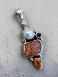 Carnelian, Pearl & Garnet Solid 925 Sterling Silver Pendant