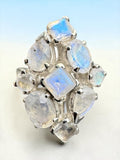 Rainbow Moonstone cluster Solid 925 Sterling Silver Ring 9