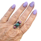 Pink Dahlia & Turquoise Solid 925 Sterling Silver Ring 9.5
