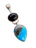 Kingman Turquoise w Pyrite & Onyx Solid 925 Sterling Silver Pendant