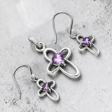 Amethyst cross Solid 925 Sterling Silver Pendant Earrings Set