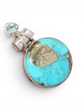 Kingman Turquoise with Pyrite & Blue Topaz Solid 925 Sterling Silver Pendant