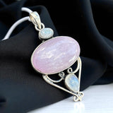 Pink Kunzite & Moonstone Solid 925 Sterling Silver Pendant