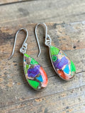 Kingman Blue, Purple & Green Turquoise Solid 925 Sterling Silver Earrings
