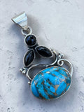 Kingman Blue Copper Turquoise & Black Onyx Solid 925 Sterling Silver Pendant