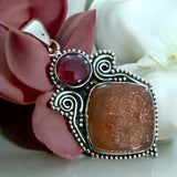 Sunstone & Garnet Solid 925 Sterling Silver Pendant