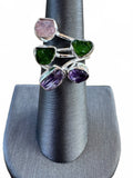Dioptase, Amethyst & Morganite Solid 925 Sterling Silver Ring 6