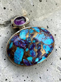 Kingman Purple & Blue Turquoise & Amethyst Solid 925 Sterling Silver Pendant
