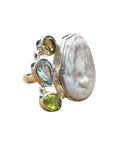 Freshwater Pearl Multi Gemstone Solid 925 Sterling Silver Ring 9.5
