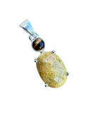 Gold Rutilated Quartz & Tiger Eye Solid 925 Sterling Silver Pendant