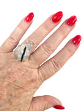 Rough Tourmaline in Quartz Solid 925 Sterling Silver Ring 8