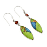 Kingman Blue Green Turquoise & Garnet Solid 925 Sterling Silver Earrings
