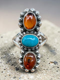 Baltic Amber & Kingman Turquoise Solid 925 Sterling Silver Ring 6