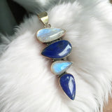 Blue Lapis & Rainbow Moonstone Solid 925 Sterling Silver Pendant