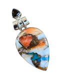 Kingman Turquoise & Spiny Oyster Solid 925 Sterling Silver Pendant