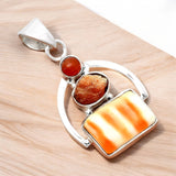 Spiny Oyster, rough Sunstone, Carnelian Solid 925 Sterling Silver Pendant