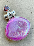 Pink Titanium Druzy & Garnet Solid 925 Sterling Silver Pendant