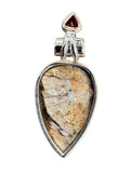 Petrified Wood & Garnet Solid 925 Sterling Silver Pendant