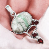Variscite & Garnet Solid 925 Sterling Silver Pendant