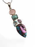 Kingman Oink Dahlia, Rose Quartz, Apatite, Amethyst & Blue Topaz Solid 925 Sterling Silver Pendant on 20 inch Chain Necklace