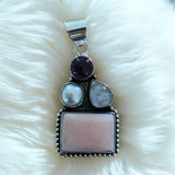 Pink Opal Amethyst Pearl Moonstone Solid 925 Sterling Silver Pendant