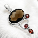 Smoky Topaz & Garnet Solid 925 Sterling Silver Pendant