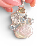 Baroque Pearl, Citrine, Herkimer Diamond & Blue Topaz Solid 925 Sterling Silver Pendant