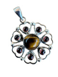 Flower Tiger Eye & Garnet Solid 925 Sterling Silver Pendant