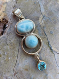 Caribbean Larimar & Blue Topaz Solid 925 Sterling Silver Pendant