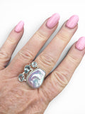 Pearl & Blue Topaz Solid 925 Sterling Silver Statement Ring Size 8.5