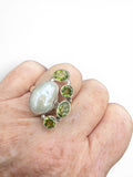 Pearl & Peridot Solid 925 Sterling Silver Statement Ring Size 8