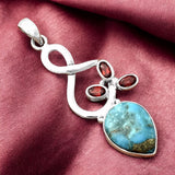 Kingman Turquoise w Pyrite & Garnet Solid 925 Sterling Silver Pendant