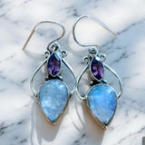 Rainbow Moonstone & Amethyst Solid 925 Sterling Silver Pendant Earrings Set
