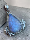 Carved Rainbow Moonstone Solid 925 Sterling Silver Pendant