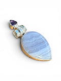 Blue Lace Agate & Amethyst Solid 925 Sterling Silver Pendant