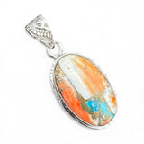 Kingman Turquoise & Spiny Oyster Solid 925 Sterling Silver Pendant