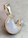 Rainbow Moonstone Moon & Star Solid 925 Sterling Silver Pendant